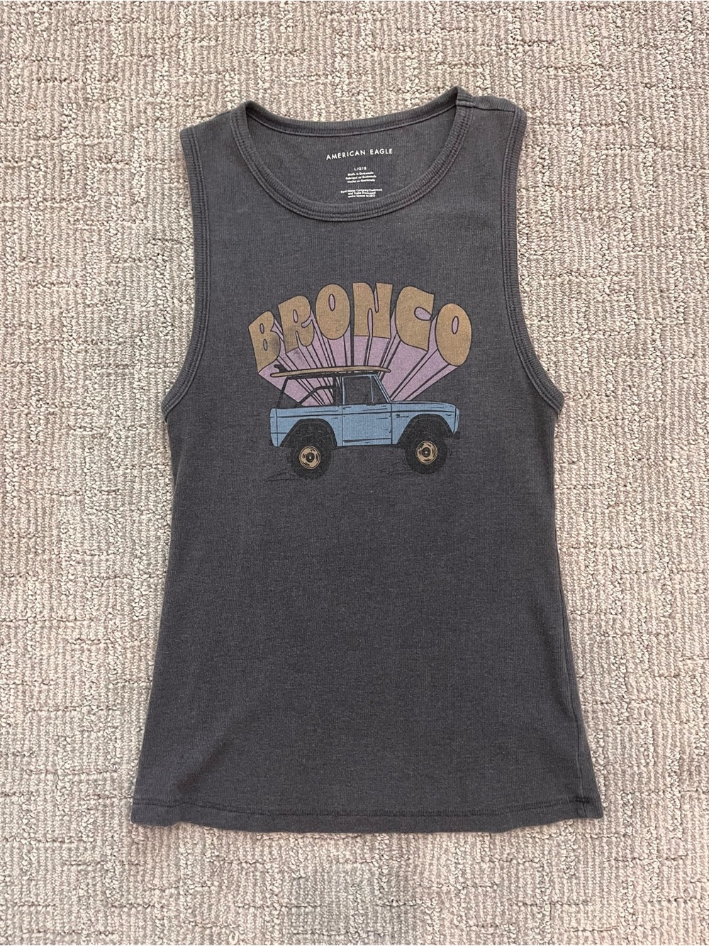 American Eagle Outfitters Charcoal Tank with Blue Bronco Graphic